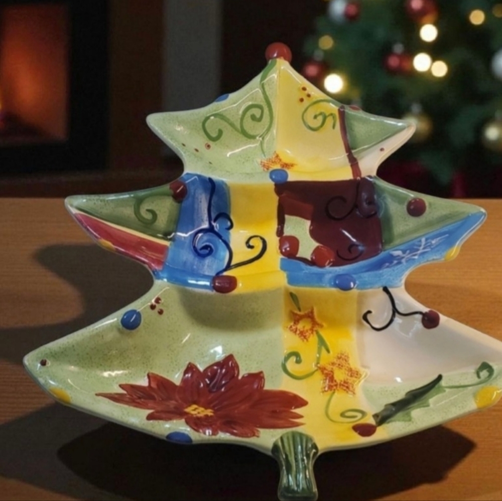 CORSICA Holiday Quit Christmas Three Shaped Divided Serving Dish Tray Platter